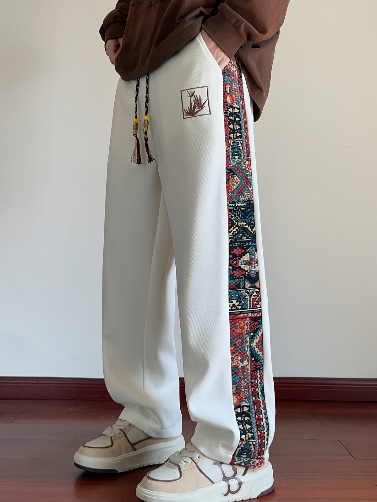 Wide-Leg Trousers Men's Black with Ethnic Side Panel Embroidered Drawstring Pants – Casual, Streetwear