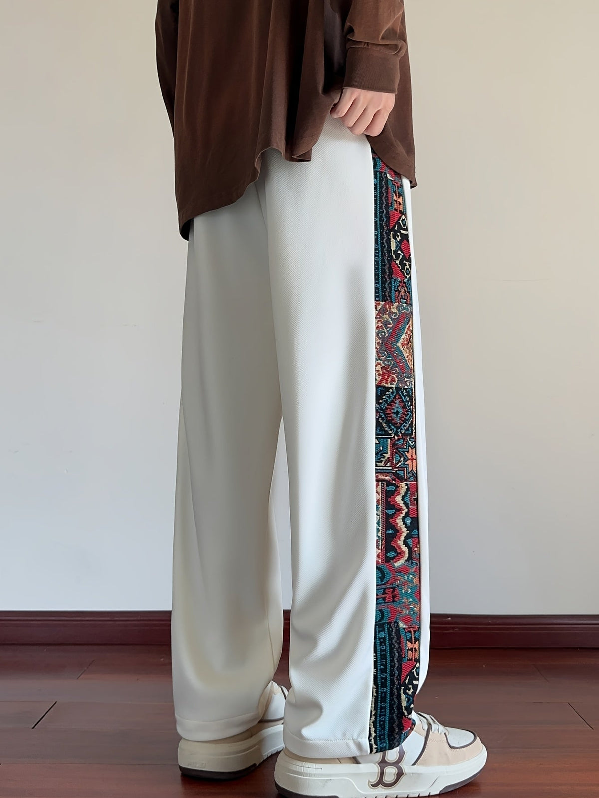 Wide-Leg Trousers Men's Black with Ethnic Side Panel Embroidered Drawstring Pants – Casual, Streetwear