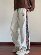 Wide-Leg Trousers Men's Black with Ethnic Side Panel Embroidered Drawstring Pants – Casual, Streetwear
