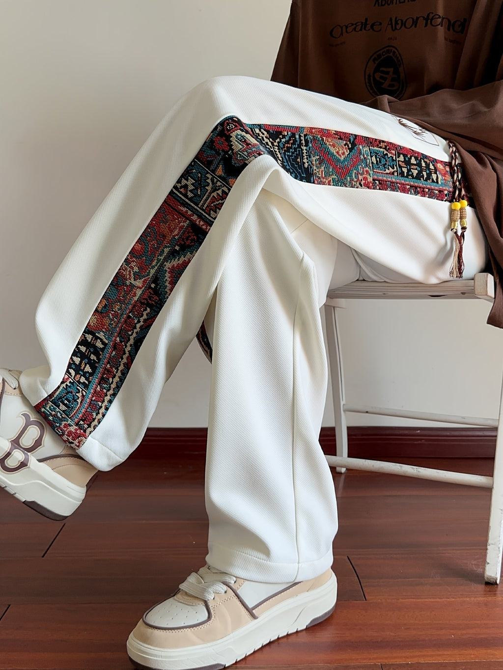 Wide-Leg Trousers Men's Black with Ethnic Side Panel Embroidered Drawstring Pants – Casual, Streetwear