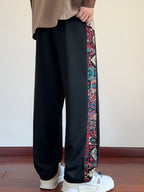 Wide-Leg Trousers Men's Black with Ethnic Side Panel Embroidered Drawstring Pants – Casual, Streetwear