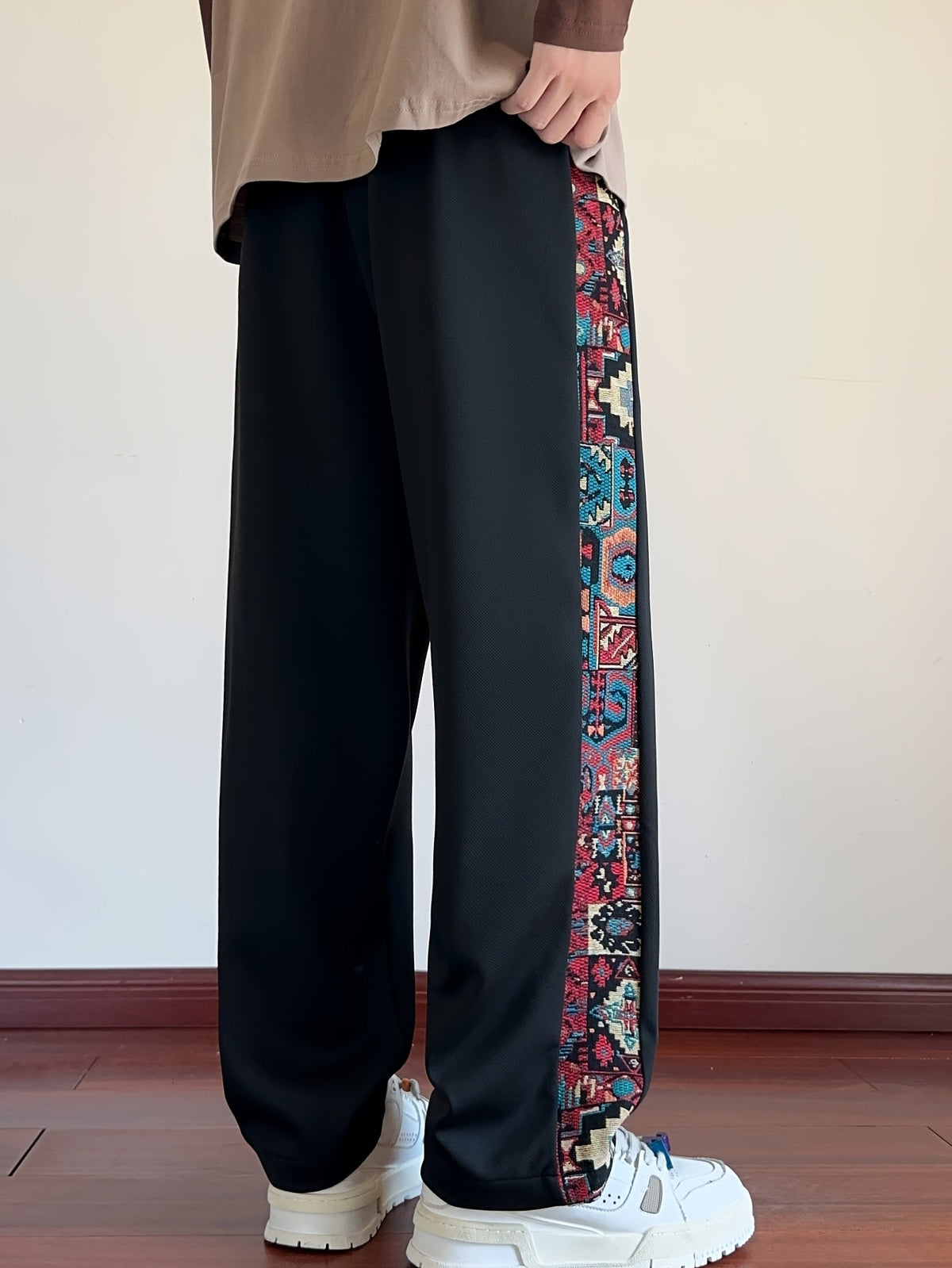 Wide-Leg Trousers Men's Black with Ethnic Side Panel Embroidered Drawstring Pants – Casual, Streetwear