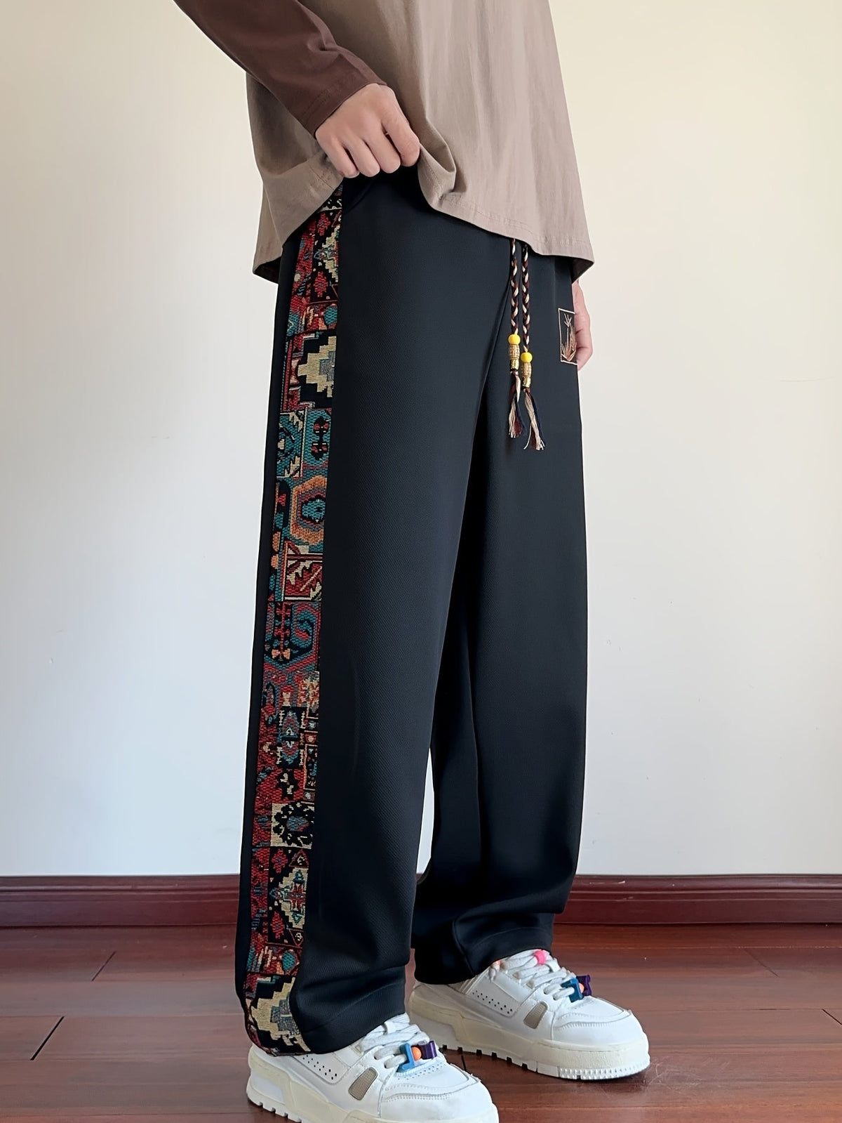 Wide-Leg Trousers Men's Black with Ethnic Side Panel Embroidered Drawstring Pants – Casual, Streetwear