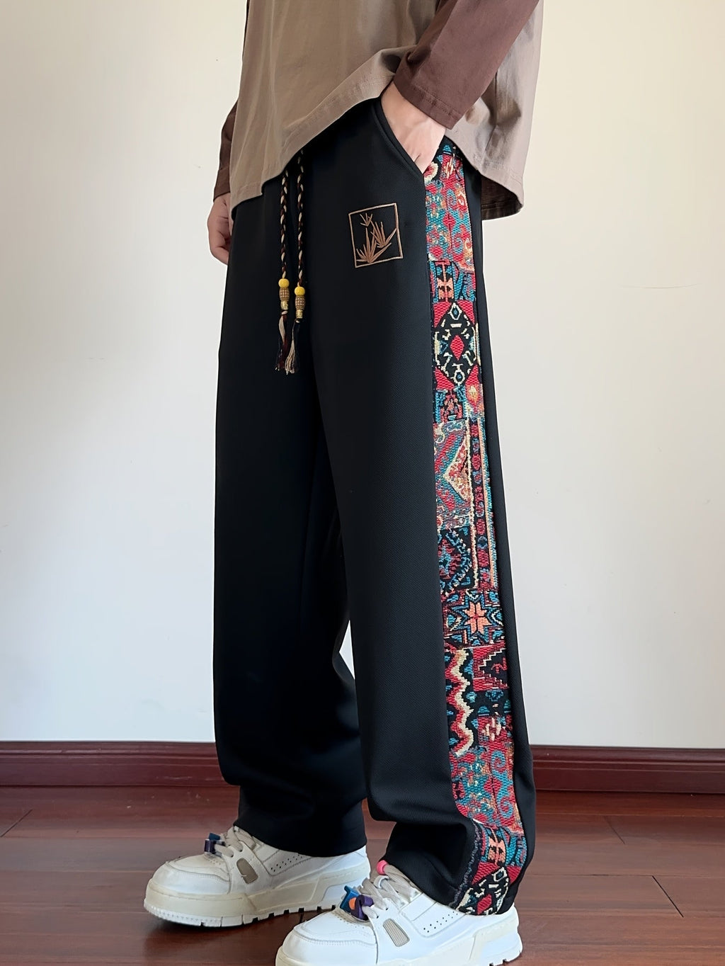 Wide-Leg Trousers Men's Black with Ethnic Side Panel Embroidered Drawstring Pants – Casual, Streetwear