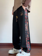 Wide-Leg Trousers Men's Black with Ethnic Side Panel Embroidered Drawstring Pants – Casual, Streetwear