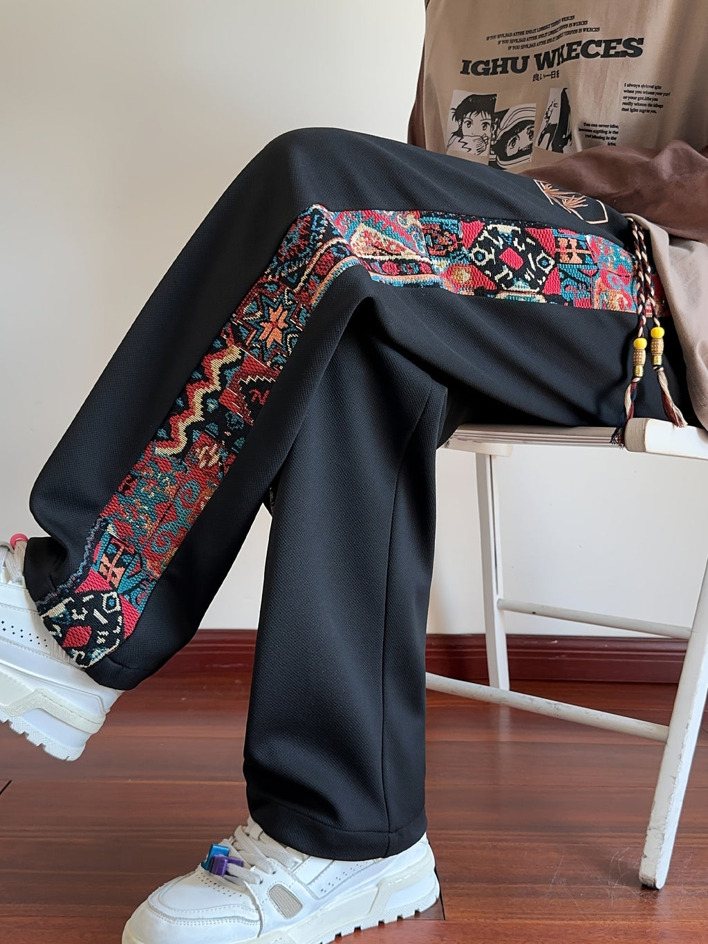 Wide-Leg Trousers Men's Black with Ethnic Side Panel Embroidered Drawstring Pants – Casual, Streetwear