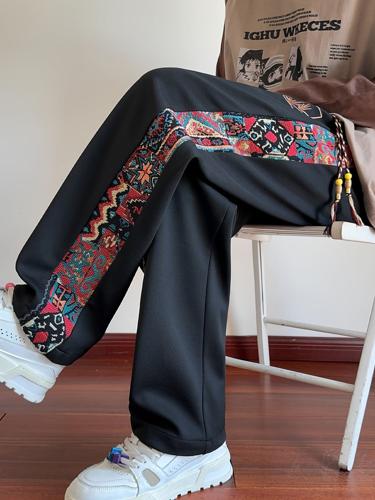 Wide-Leg Trousers Men's Black with Ethnic Side Panel Embroidered Drawstring Pants – Casual, Streetwear