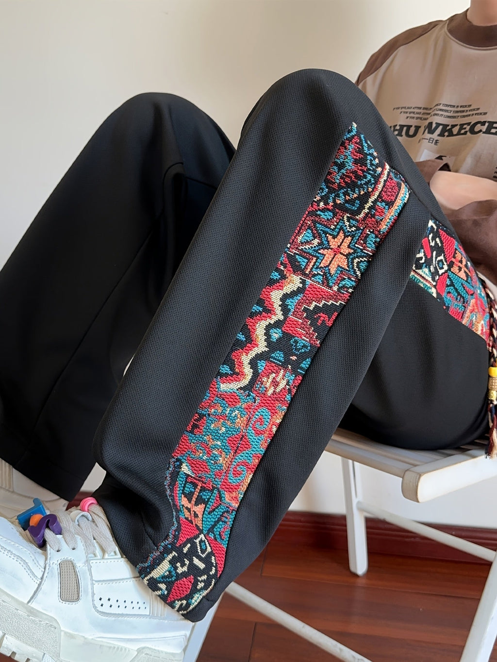 Wide-Leg Trousers Men's Black with Ethnic Side Panel Embroidered Drawstring Pants – Casual, Streetwear