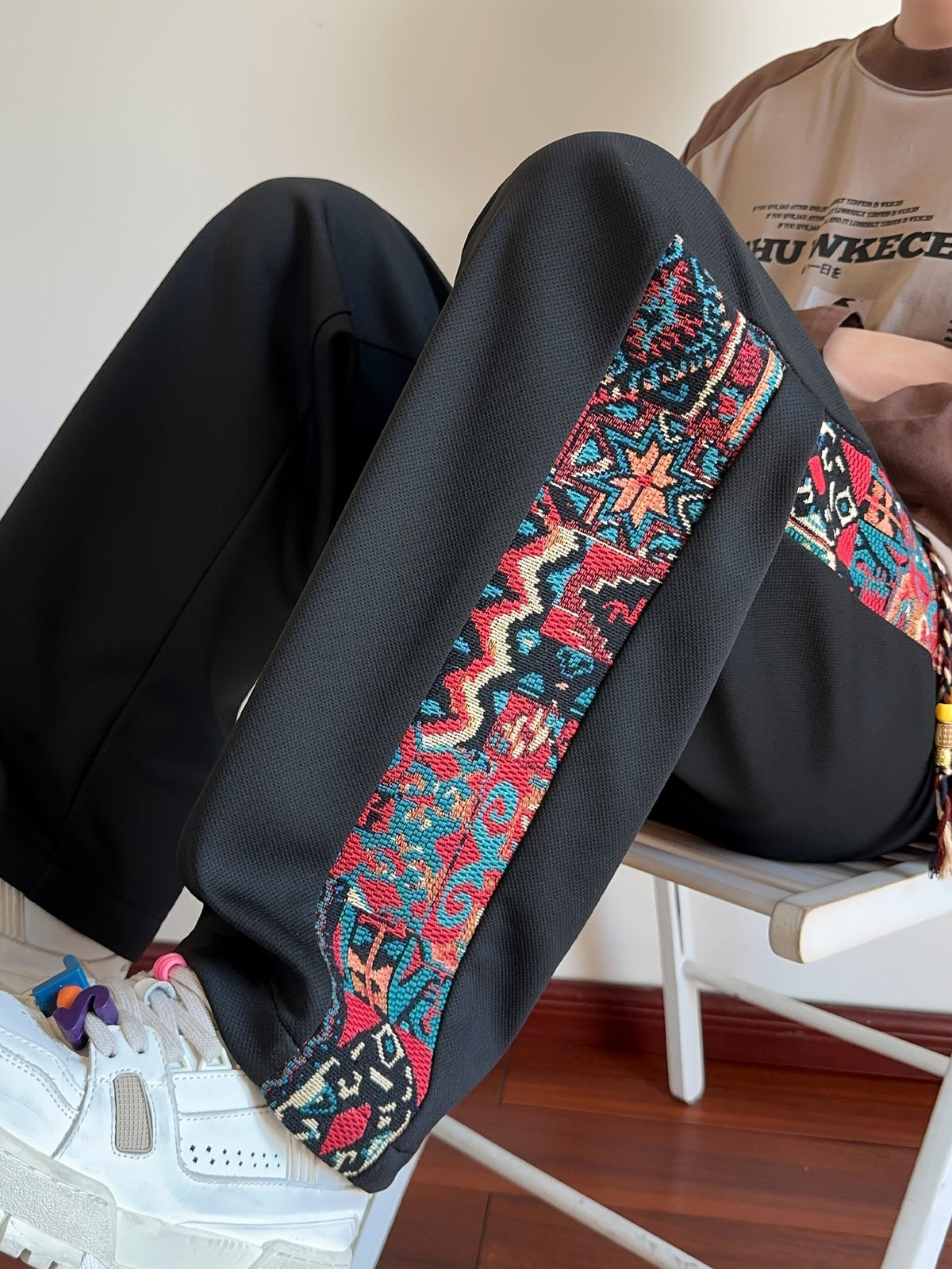 Wide-Leg Trousers Men's Black with Ethnic Side Panel Embroidered Drawstring Pants – Casual, Streetwear
