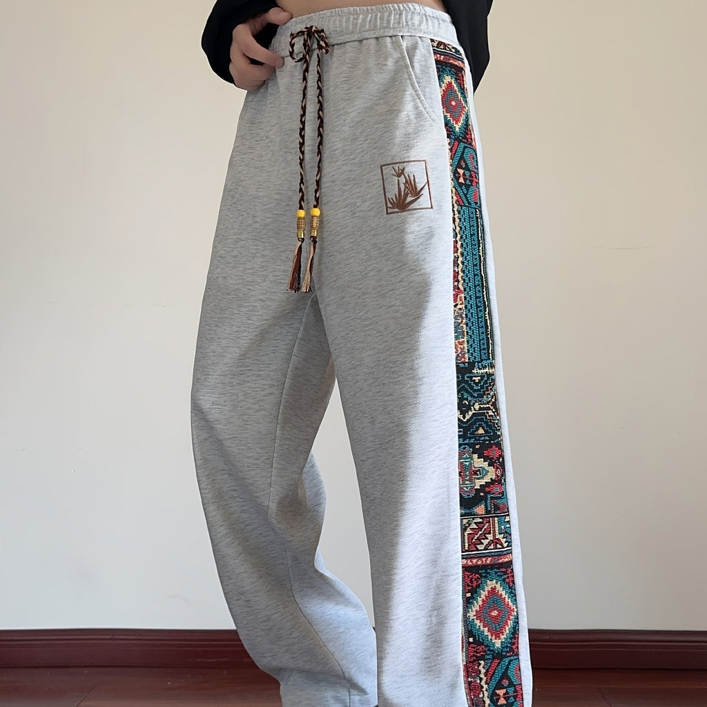 Wide-Leg Trousers Men's Black with Ethnic Side Panel Embroidered Drawstring Pants – Casual, Streetwear