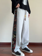 Wide-Leg Trousers Men's Black with Ethnic Side Panel Embroidered Drawstring Pants – Casual, Streetwear