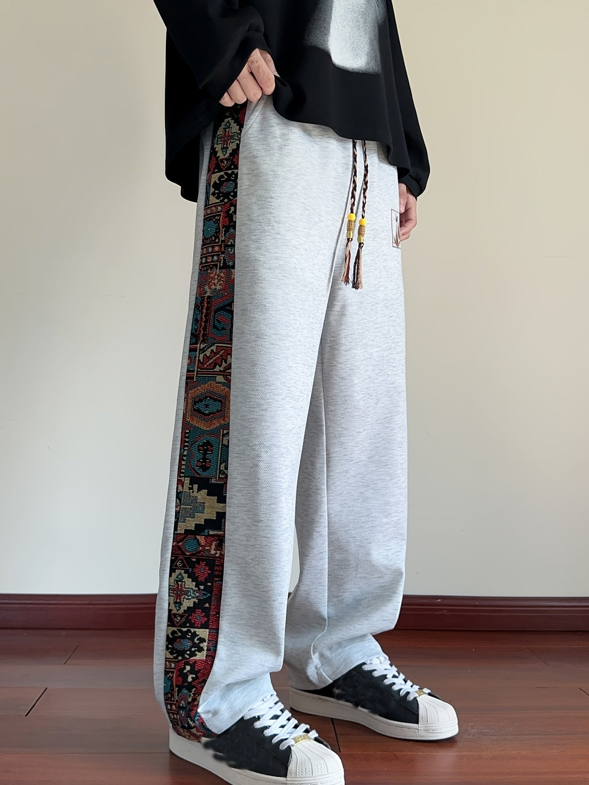 Wide-Leg Trousers Men's Black with Ethnic Side Panel Embroidered Drawstring Pants – Casual, Streetwear