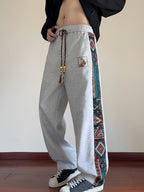 Wide-Leg Trousers Men's Black with Ethnic Side Panel Embroidered Drawstring Pants – Casual, Streetwear