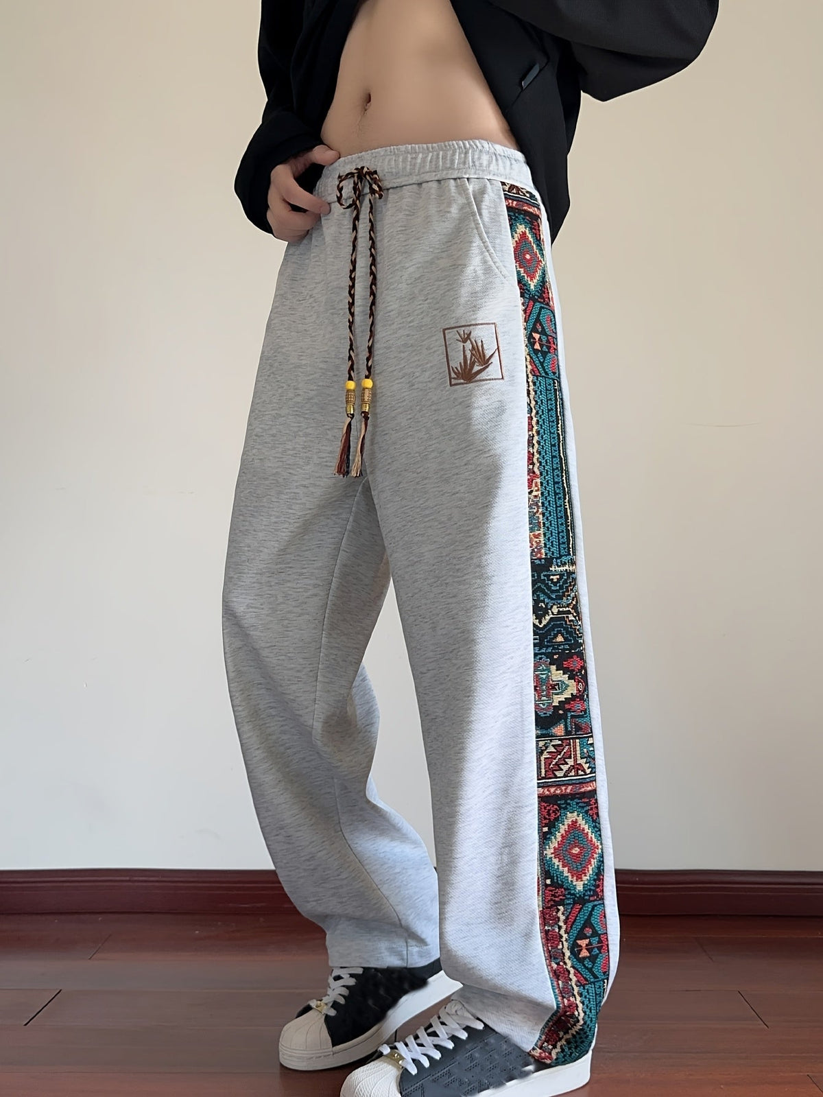 Wide-Leg Trousers Men's Black with Ethnic Side Panel Embroidered Drawstring Pants – Casual, Streetwear