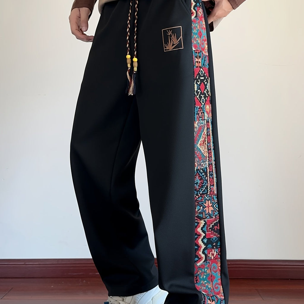 Wide-Leg Trousers Men's Black with Ethnic Side Panel Embroidered Drawstring Pants – Casual, Streetwear