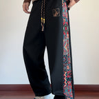 Wide-Leg Trousers Men's Black with Ethnic Side Panel Embroidered Drawstring Pants – Casual, Streetwear