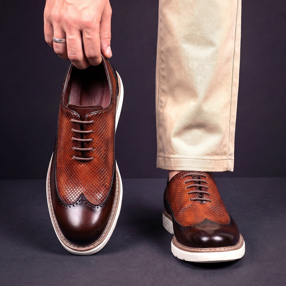 Wingtip Oxford Shoes Men's Brown Leather Brogue Lace-Up Sneaker Sole – Office, Casual, Gift