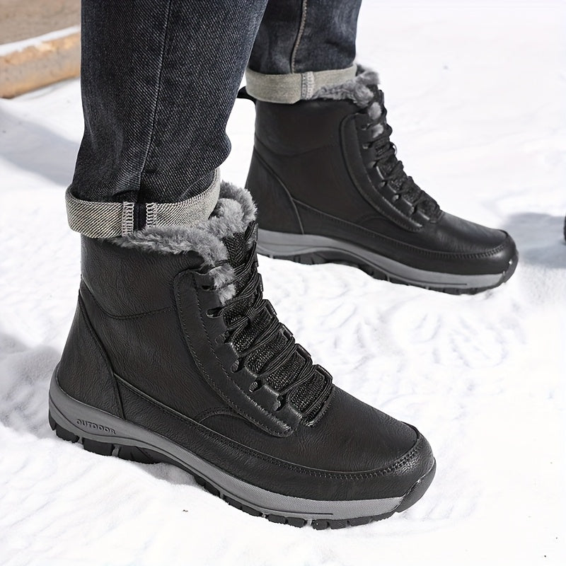 Winter Snow Boots Black Fleece-Lined Lace-Up Ankle Boots – Outdoor, Hiking, Cold Weather, Casual, Gift