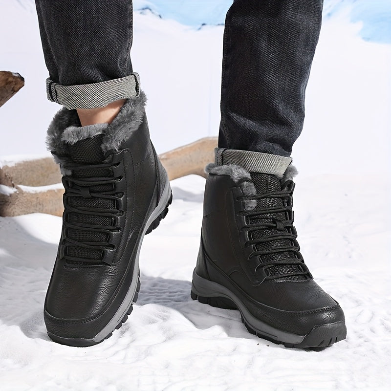 Winter Snow Boots Black Fleece-Lined Lace-Up Ankle Boots – Outdoor, Hiking, Cold Weather, Casual, Gift