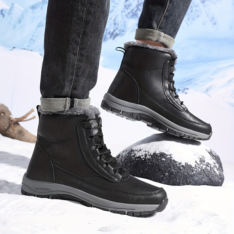 Winter Snow Boots Black Fleece-Lined Lace-Up Ankle Boots – Outdoor, Hiking, Cold Weather, Casual, Gift