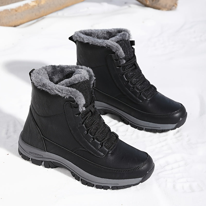 Winter Snow Boots Black Fleece-Lined Lace-Up Ankle Boots – Outdoor, Hiking, Cold Weather, Casual, Gift