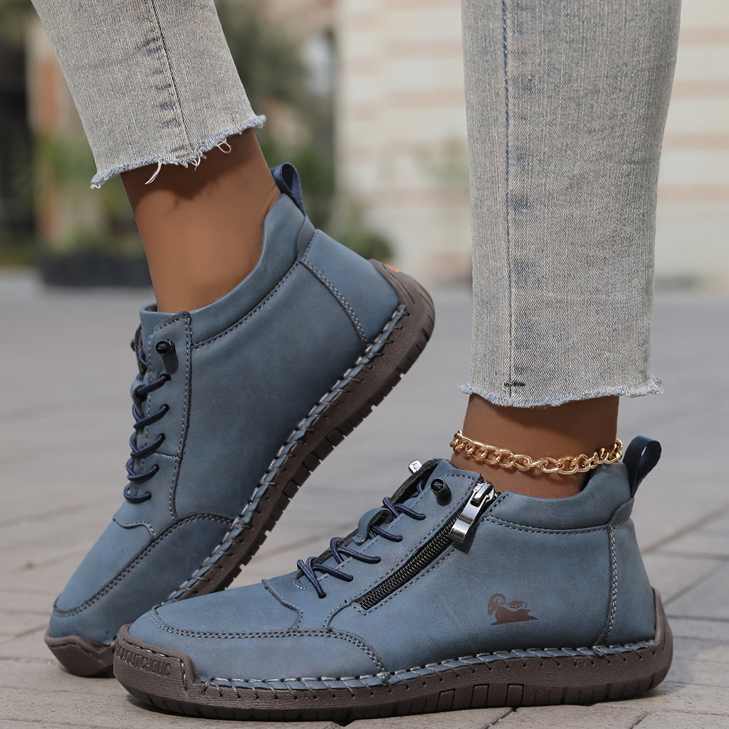 Women's Ankle Boots Green Faux Leather Lace-Up Side Zip Sneakers – Casual, Everyday Comfort Walking
