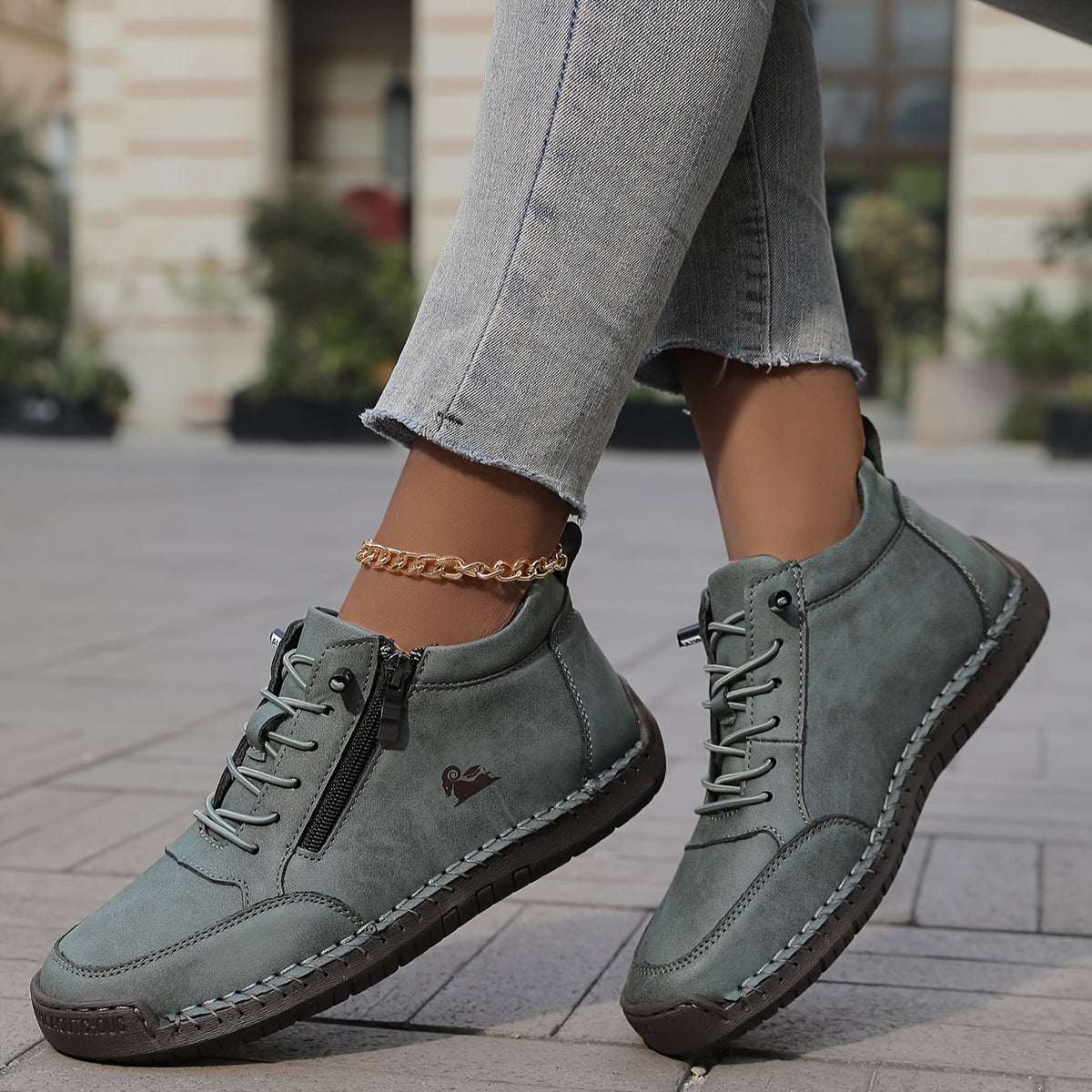 Women's Ankle Boots Green Faux Leather Lace-Up Side Zip Sneakers – Casual, Everyday Comfort Walking