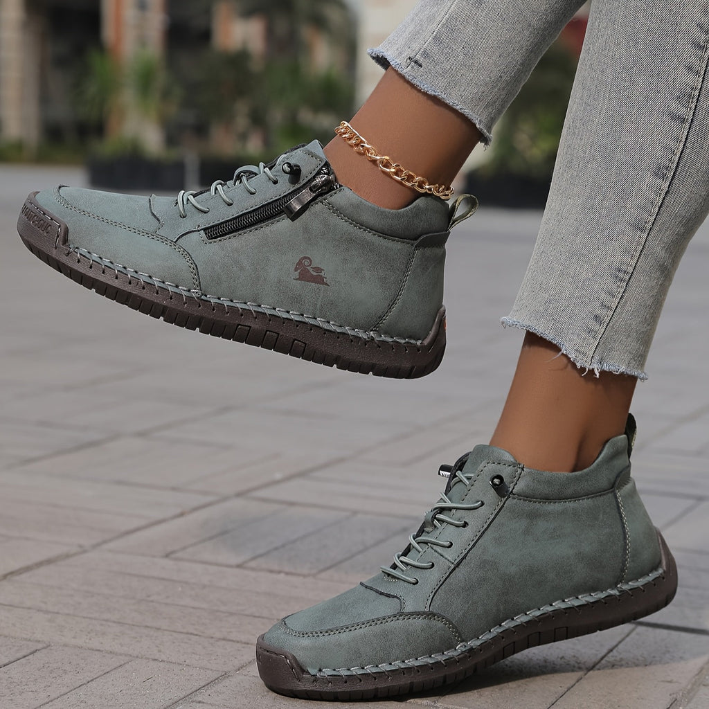 Women's Ankle Boots Green Faux Leather Lace-Up Side Zip Sneakers – Casual, Everyday Comfort Walking