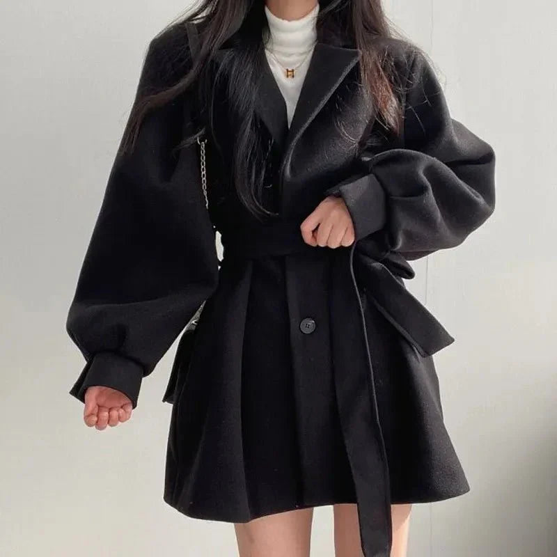 Women's Belted Coat Balloon Sleeve Double-Breasted Lapel Jacket – Casual, Office, Holiday, Gift