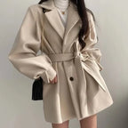 Women's Belted Coat Balloon Sleeve Double-Breasted Lapel Jacket – Casual, Office, Holiday, Gift