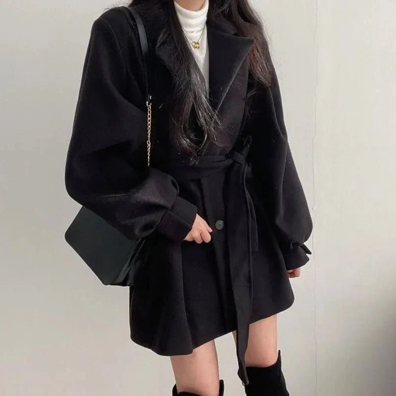 Women's Belted Coat Balloon Sleeve Double-Breasted Lapel Jacket – Casual, Office, Holiday, Gift
