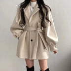 Women's Belted Coat Balloon Sleeve Double-Breasted Lapel Jacket – Casual, Office, Holiday, Gift