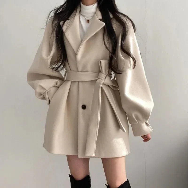 Women's Belted Coat Balloon Sleeve Double-Breasted Lapel Jacket – Casual, Office, Holiday, Gift
