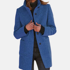 Women's Button-Front Coat with Stand Collar Blue Mid-Length Jacket – Casual, Office, Winter, Gift
