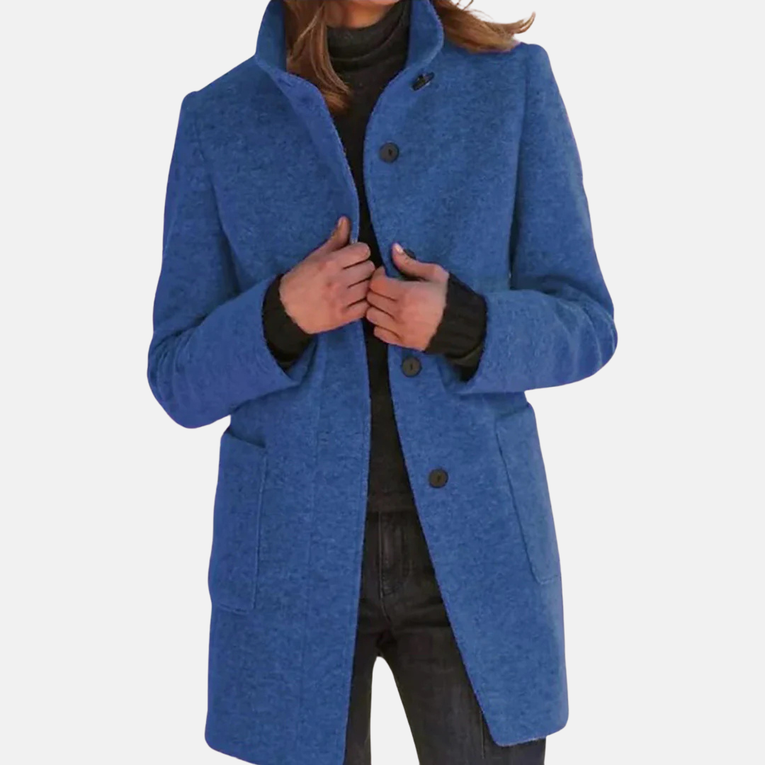 Women's Button-Front Coat with Stand Collar Blue Mid-Length Jacket – Casual, Office, Winter, Gift