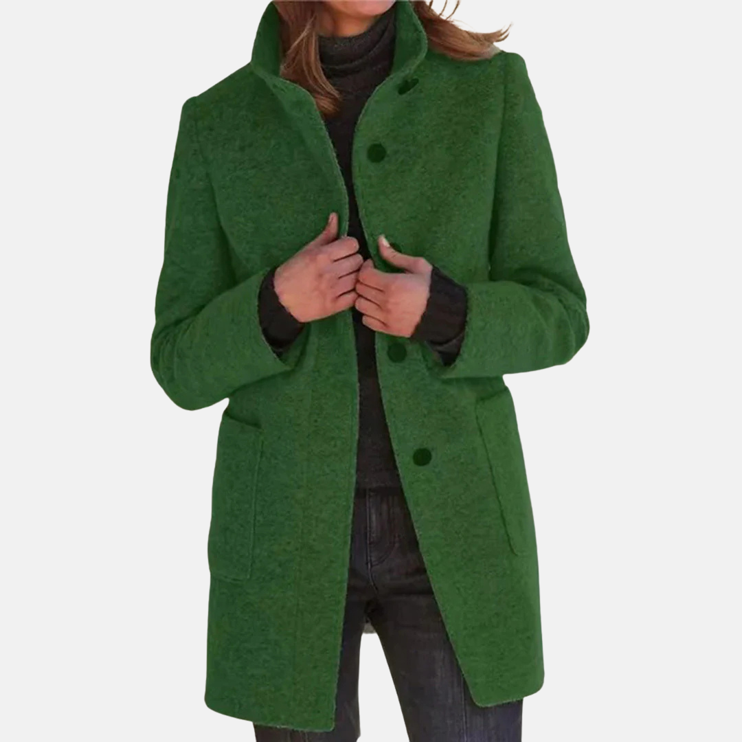 Women's Button-Front Coat with Stand Collar Blue Mid-Length Jacket – Casual, Office, Winter, Gift