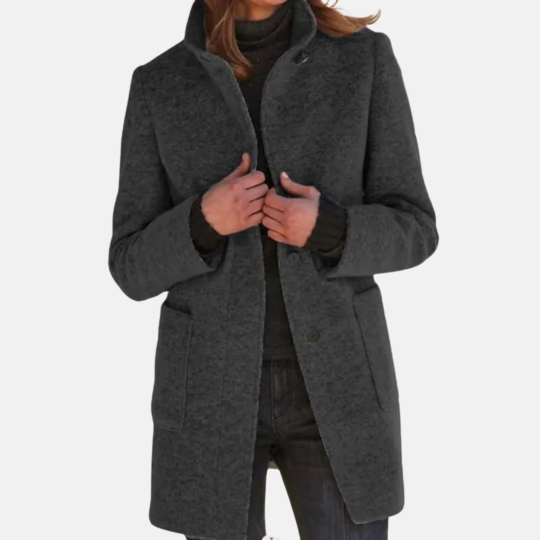 Women's Button-Front Coat with Stand Collar Blue Mid-Length Jacket – Casual, Office, Winter, Gift