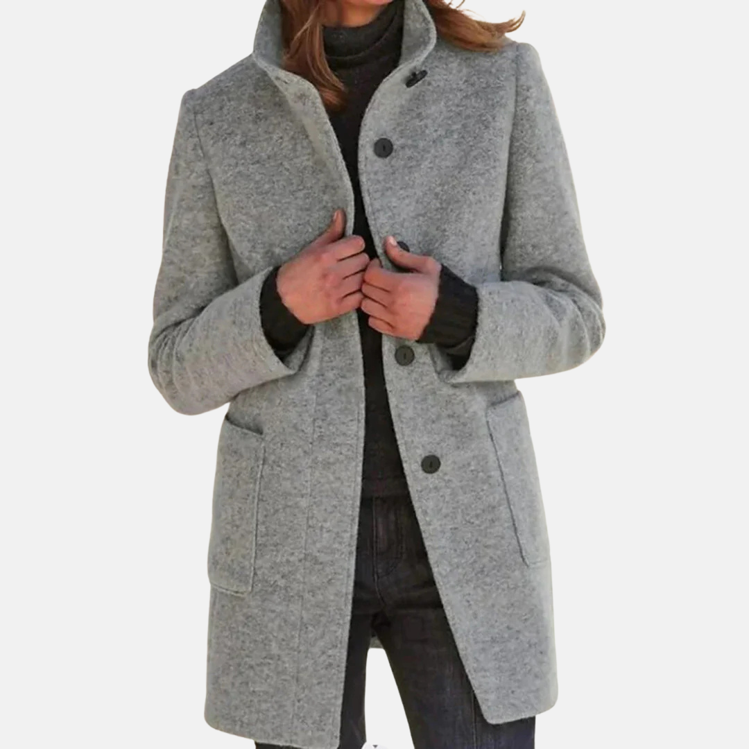 Women's Button-Front Coat with Stand Collar Blue Mid-Length Jacket – Casual, Office, Winter, Gift