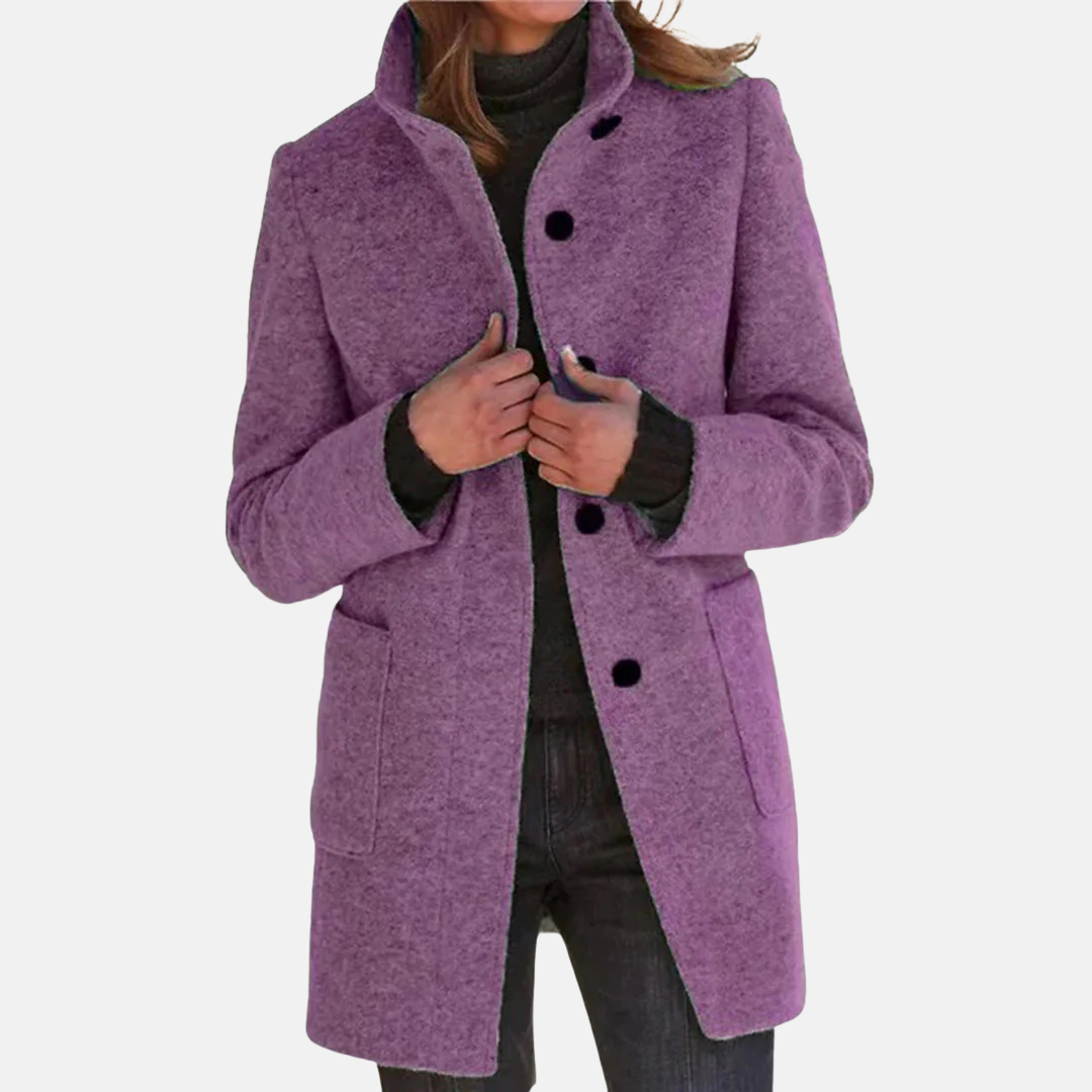 Women's Button-Front Coat with Stand Collar Blue Mid-Length Jacket – Casual, Office, Winter, Gift