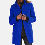 Women's Button-Front Coat with Stand Collar Blue Mid-Length Jacket – Casual, Office, Winter, Gift