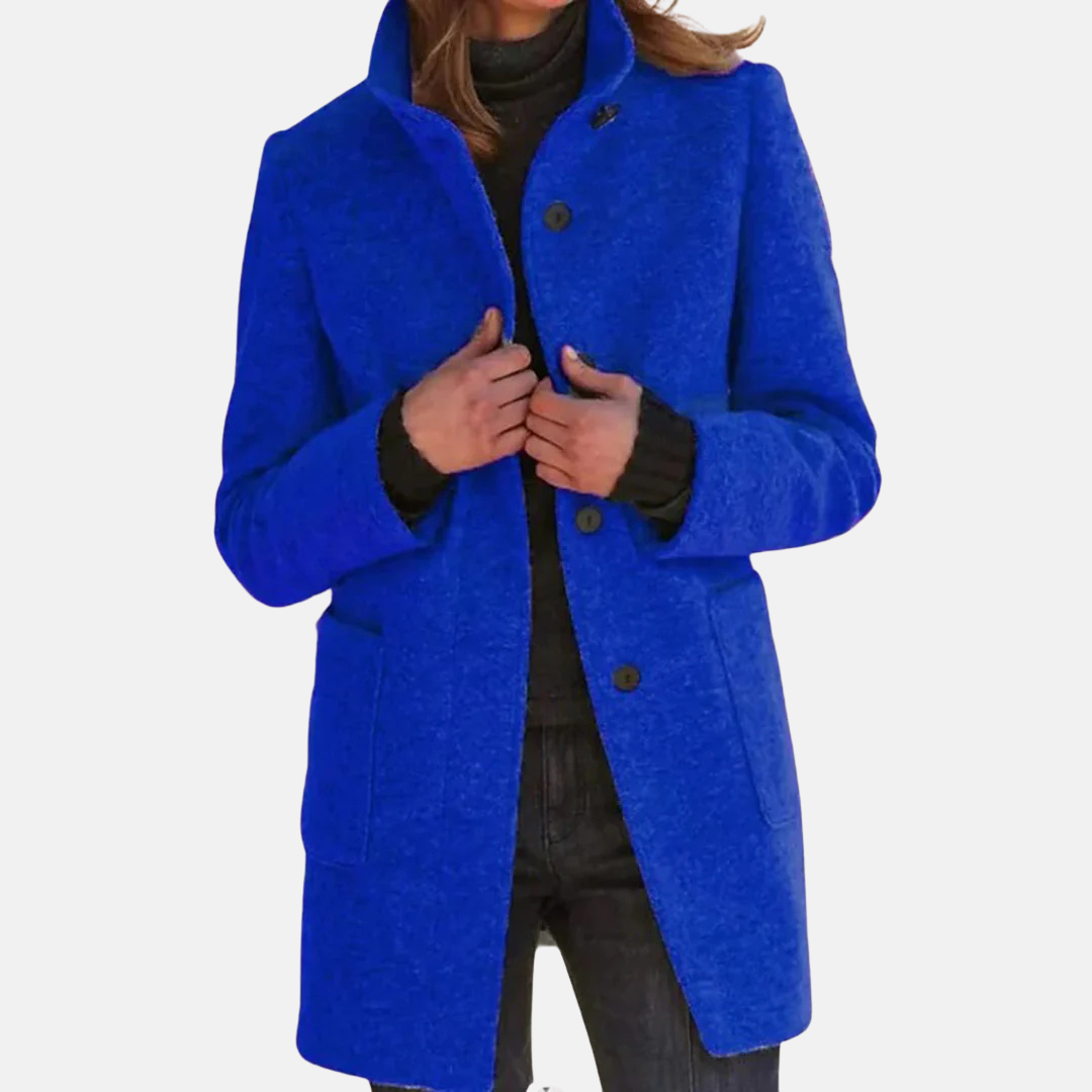 Women's Button-Front Coat with Stand Collar Blue Mid-Length Jacket – Casual, Office, Winter, Gift