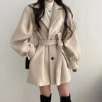Women's Double-Breasted Wrap Coat with Tie Belt Black Lantern Sleeve – Casual, Office, Holiday, Gift