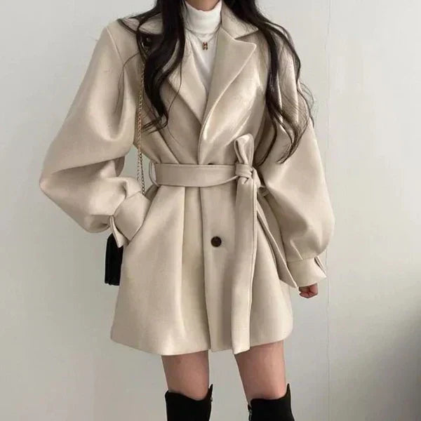 Women's Double-Breasted Wrap Coat with Tie Belt Black Lantern Sleeve – Casual, Office, Holiday, Gift
