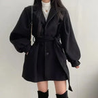 Women's Double-Breasted Wrap Coat with Tie Belt Black Lantern Sleeve – Casual, Office, Holiday, Gift