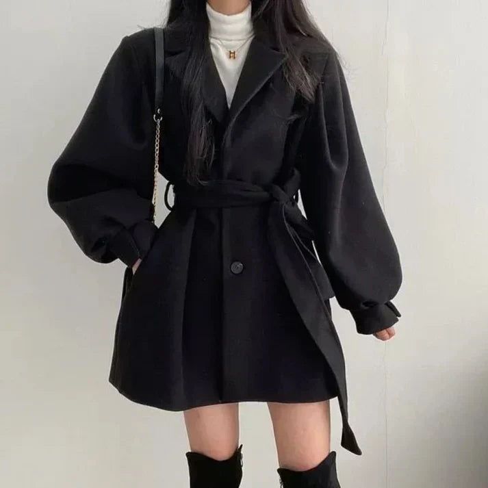 Women's Double-Breasted Wrap Coat with Tie Belt Black Lantern Sleeve – Casual, Office, Holiday, Gift