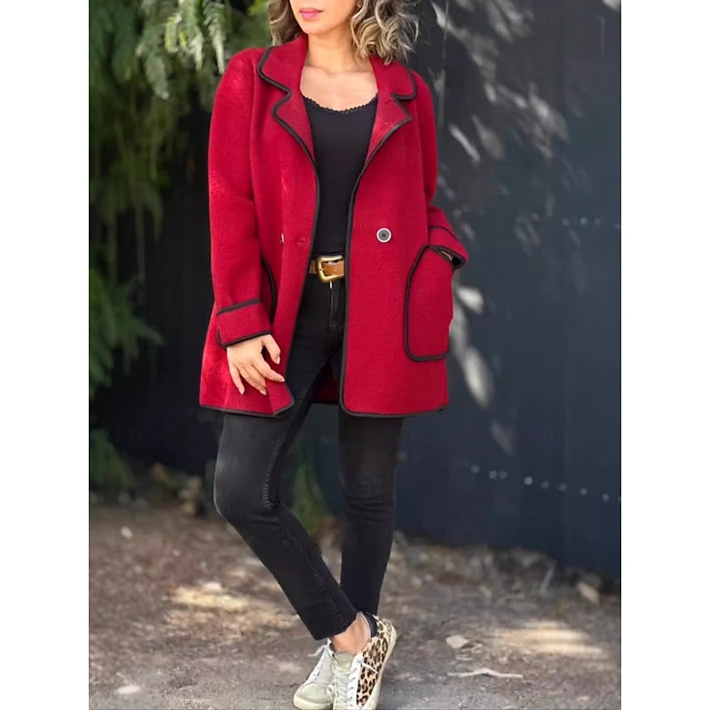 Women's Lapel Coat Loose Fit Green Contrast Trim Long Sleeve Jacket – Casual, Office, Fall Winter, Gift