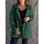 Women's Lapel Coat Loose Fit Green Contrast Trim Long Sleeve Jacket – Casual, Office, Fall Winter, Gift