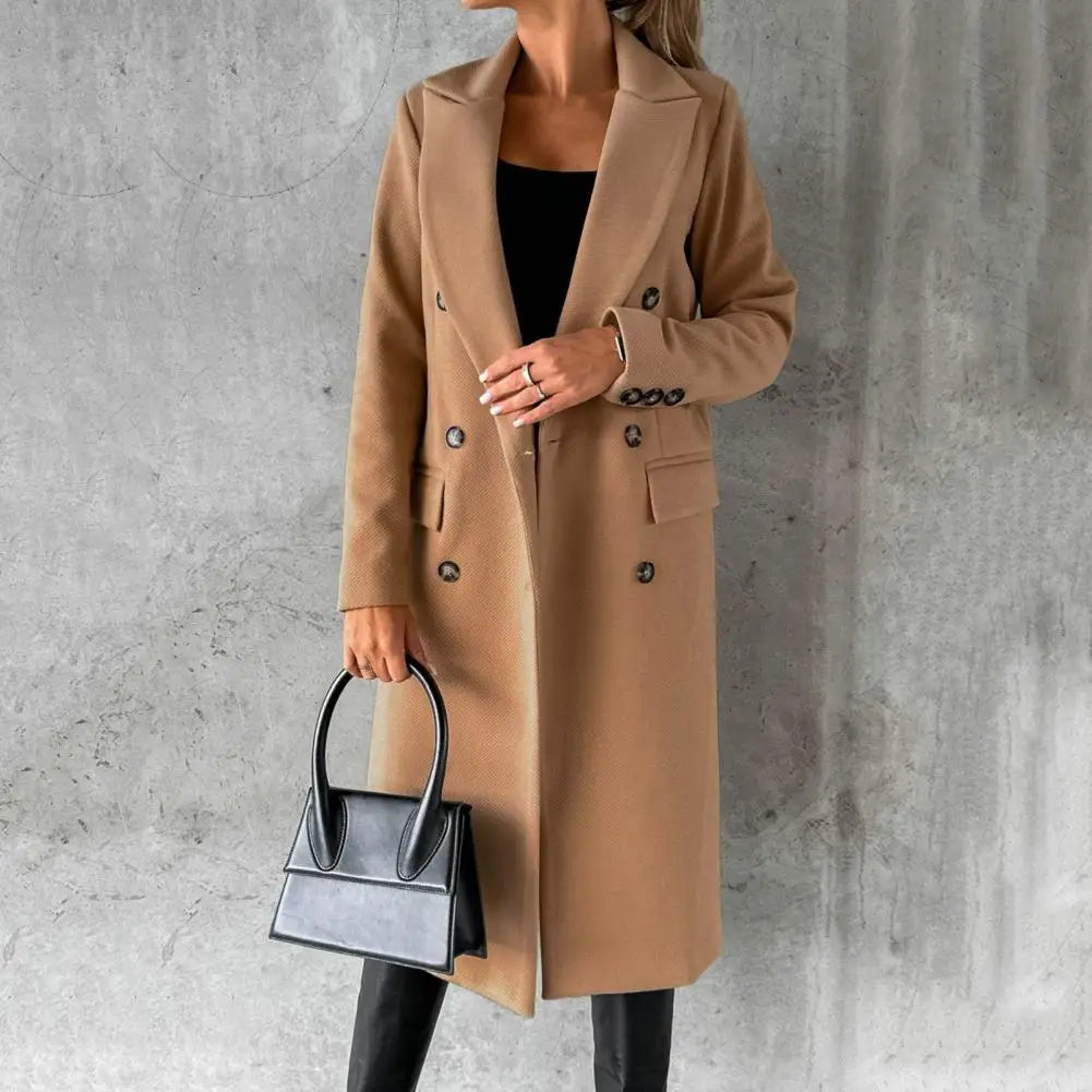 Women's Long Trench Coat Double-Breasted Notched Lapel Wool-Blend Overcoat – Office, Casual, Winter