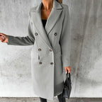 Women's Long Trench Coat Double-Breasted Notched Lapel Wool-Blend Overcoat – Office, Casual, Winter