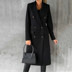 Women's Long Trench Coat Double-Breasted Notched Lapel Wool-Blend Overcoat – Office, Casual, Winter